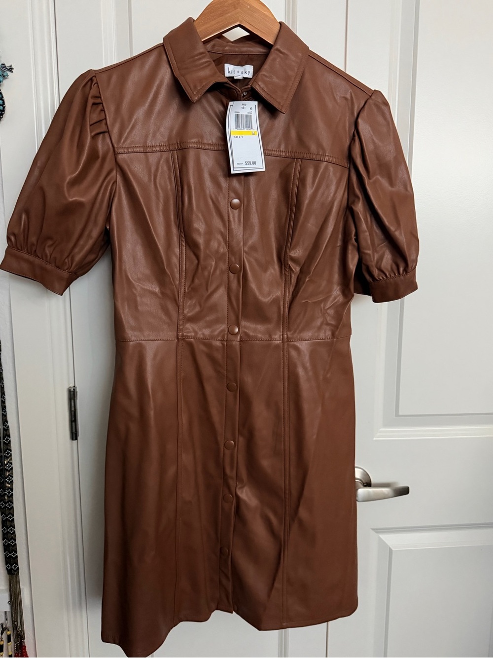 Faux Leather Puff Sleeve Shirt Dress in Brown
